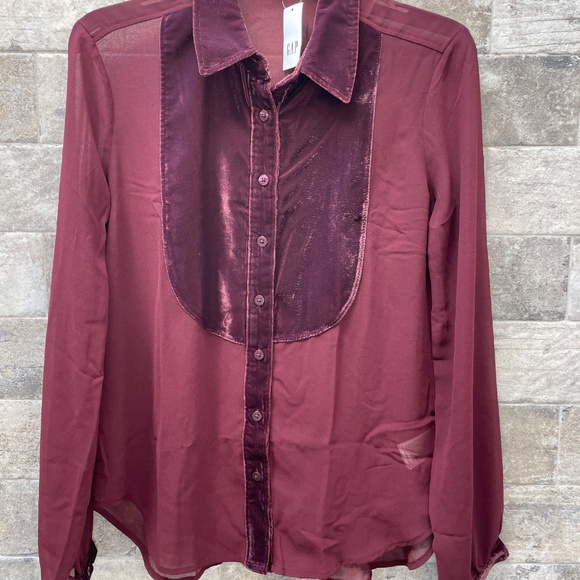 ❤️ GAP CLASSIC PERFECT SHEER BURGUNDY HOLIDAY SHIRT SIZE XXS NEW - Picture 2 of 4